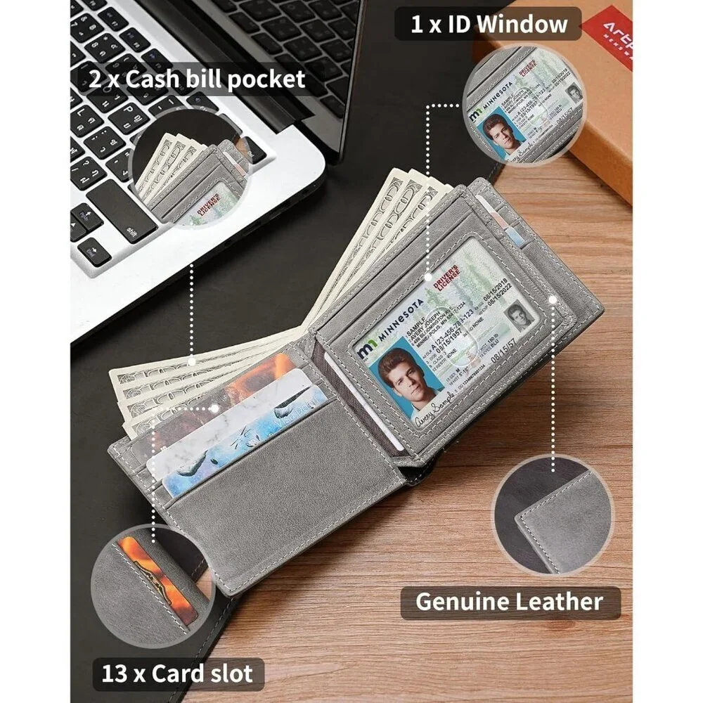 Men's Classic Holders Bifold Wallet Card Gray Genuine Leather 2 Cash Pockets